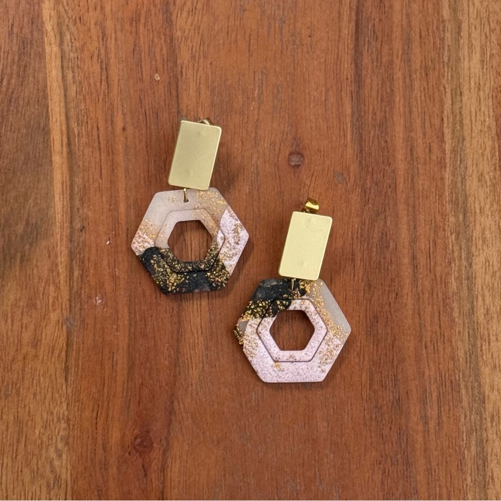 Elegant Pink and Black Hexagon Earrings